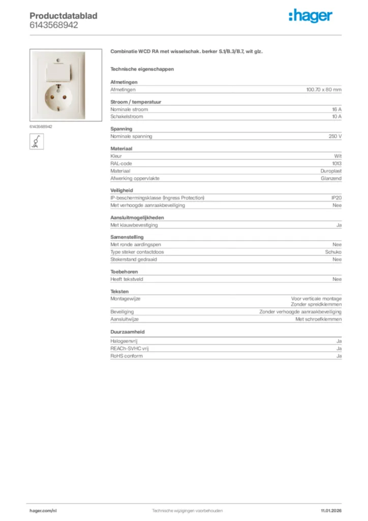 Afbeelding Hager Productdatablad 6143568942 | Hager Nederland