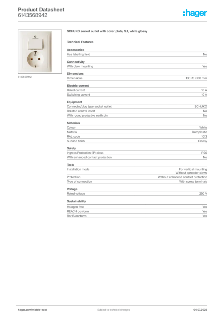 Image Hager Product data sheet 6143568942  | Hager