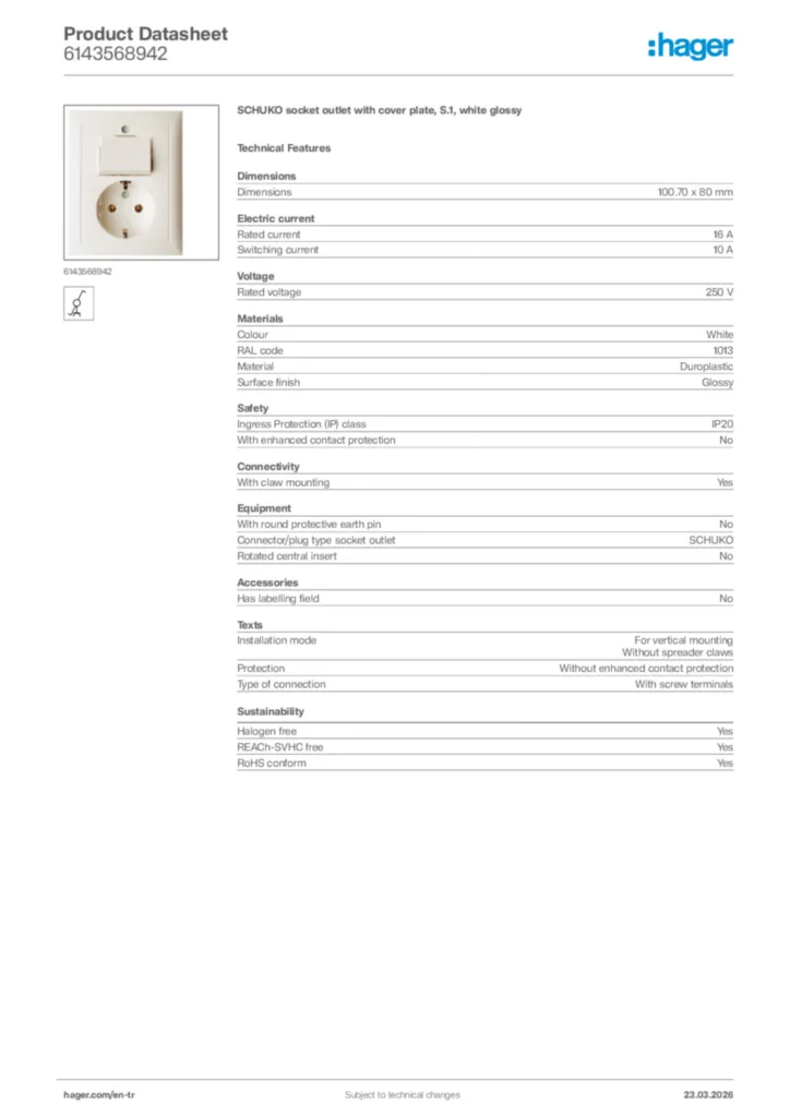 Image Hager Product data sheet 6143568942  | Hager