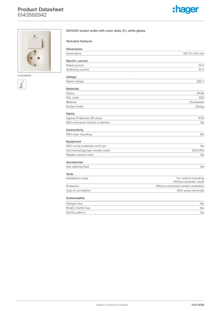 Image Hager Product data sheet 6143568942  | Hager