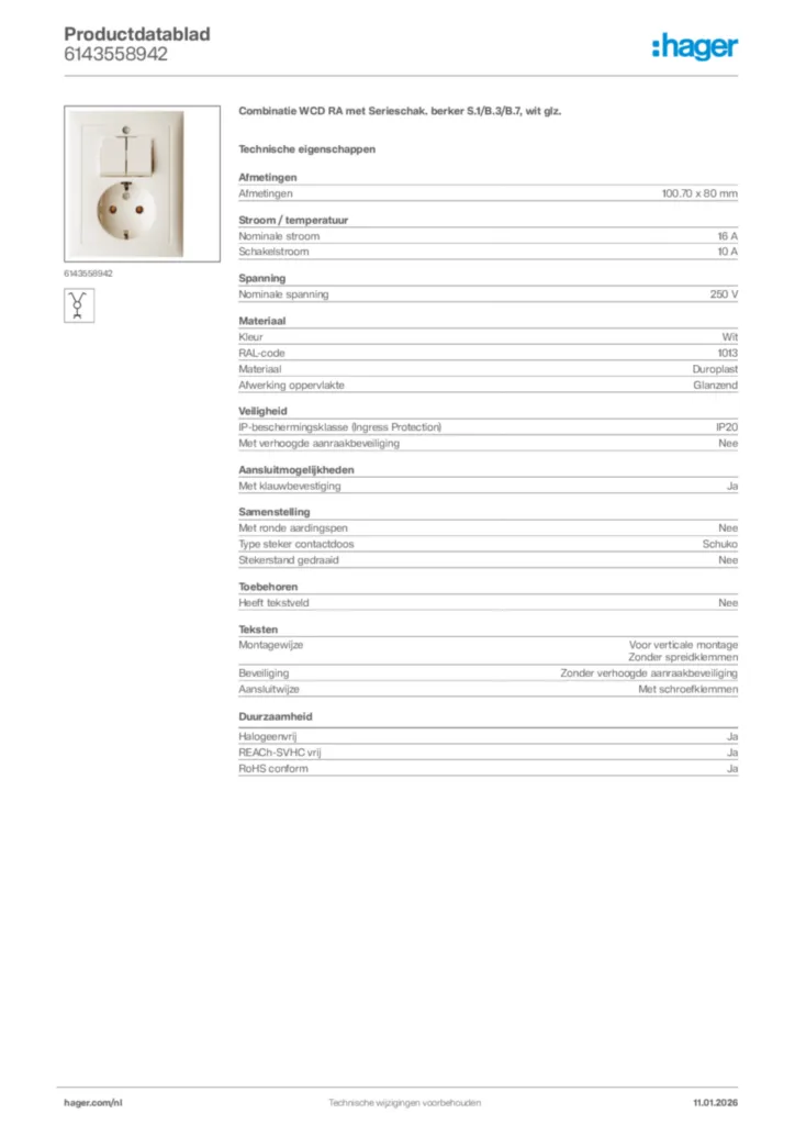 Afbeelding Hager Productdatablad 6143558942 | Hager Nederland
