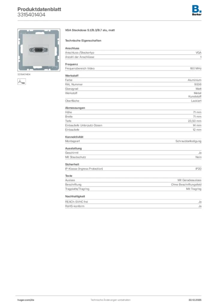 Bild Berker Produktdatenblatt 3315401404 | Hager Deutschland