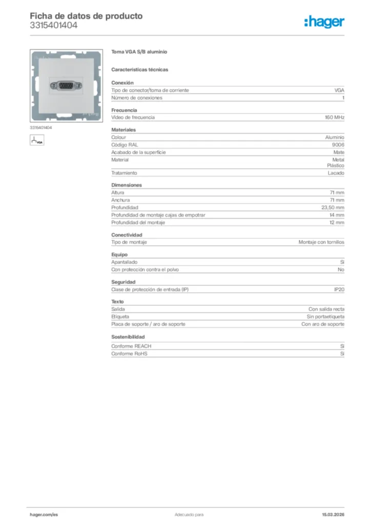 Imagen Hager Ficha de datos de producto 3315401404 | Hager España