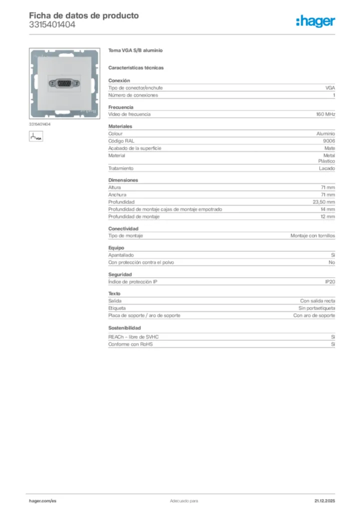 Imagen Hager Ficha de datos de producto 3315401404 | Hager España