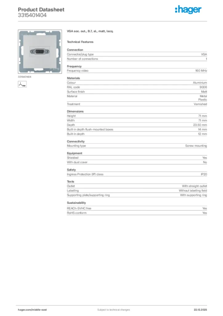 Image Hager Product data sheet 3315401404  | Hager