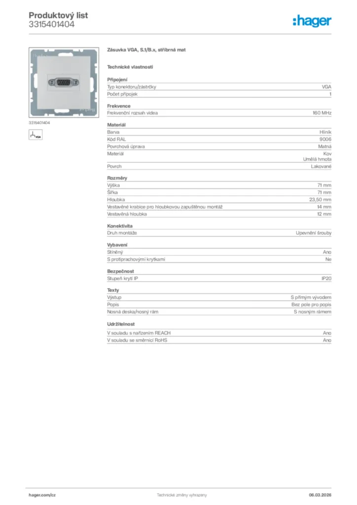 Obrázek Hager Product data sheet 3315401404 | Hager