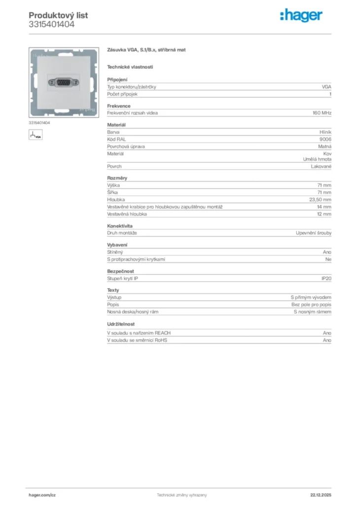 Obrázek Hager Produktový list 3315401404 | Hager