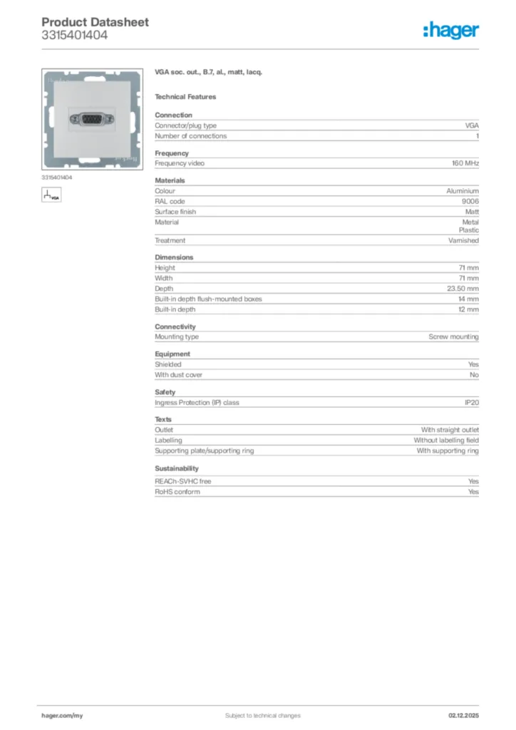 Image Hager Product data sheet 3315401404  | Hager
