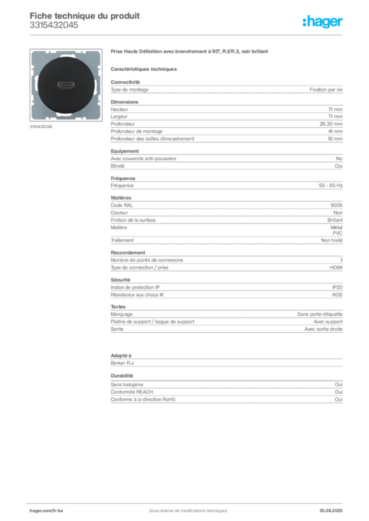 Image Hager Fiche technique du produit 3315432045 | Hager Belgique