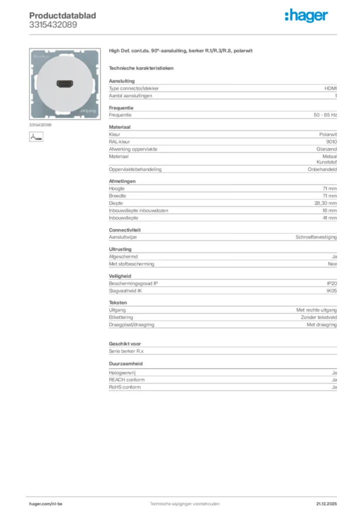 Afbeelding Hager Productdatablad 3315432089 | Hager Belgium