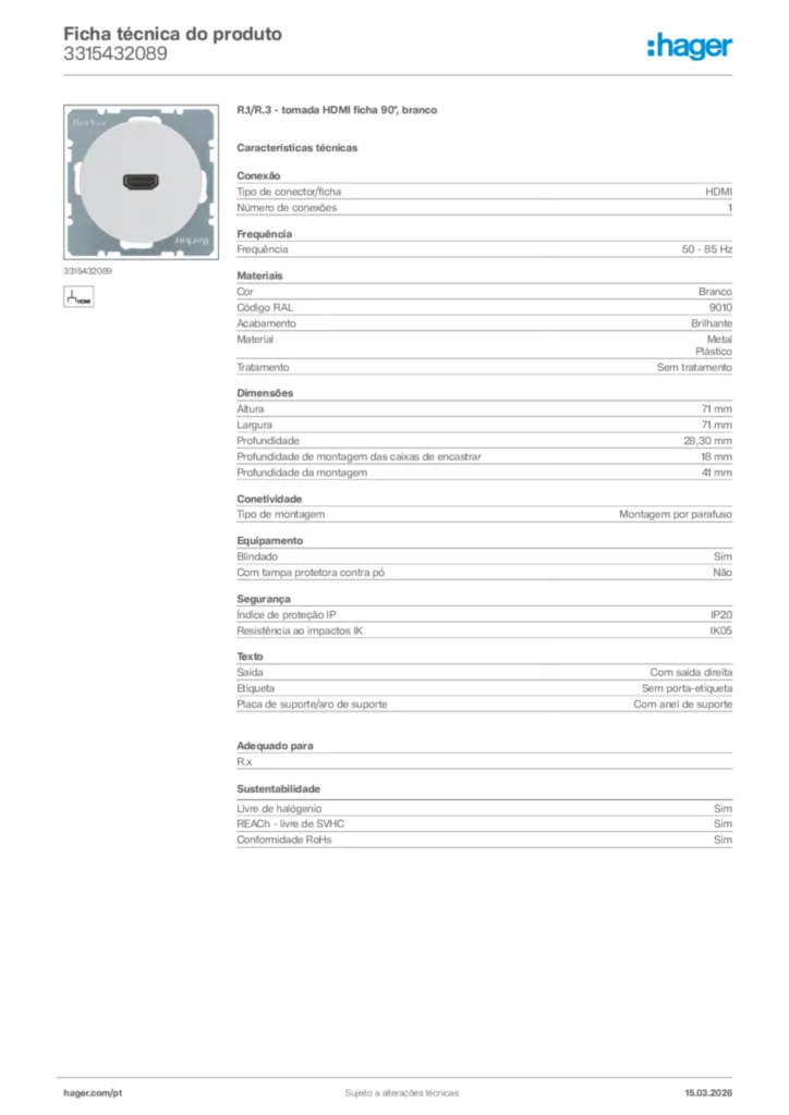 Imagem Hager Ficha técnica do produto 3315432089 | Hager Portugal