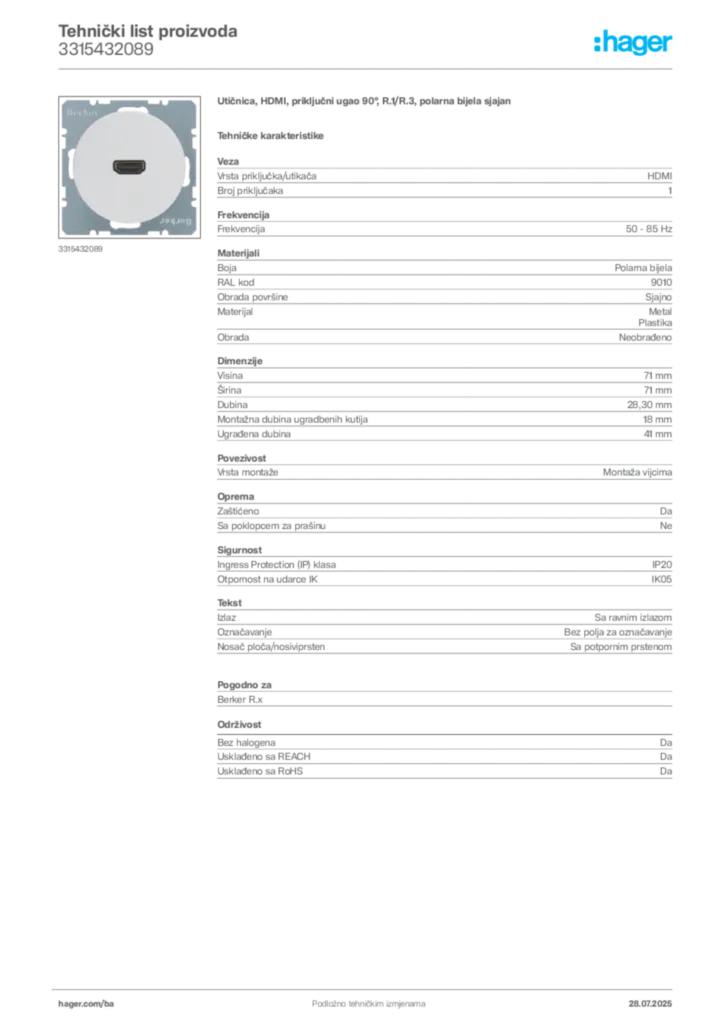 Slika Hager Product data sheet 3315432089  | Hager
