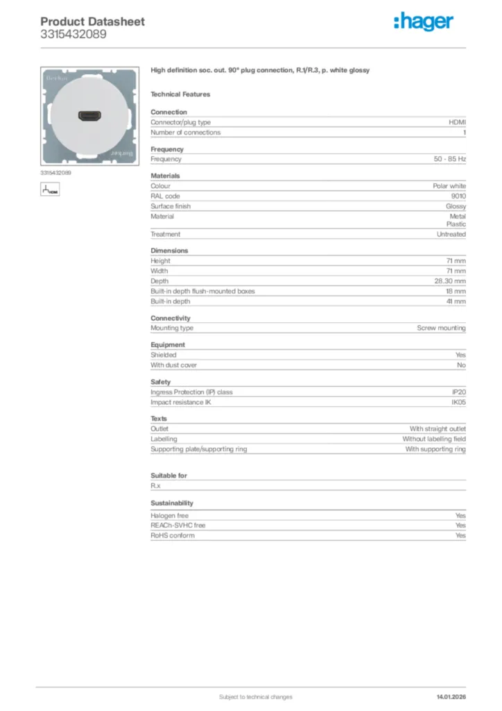Image Hager Product data sheet 3315432089  | Hager