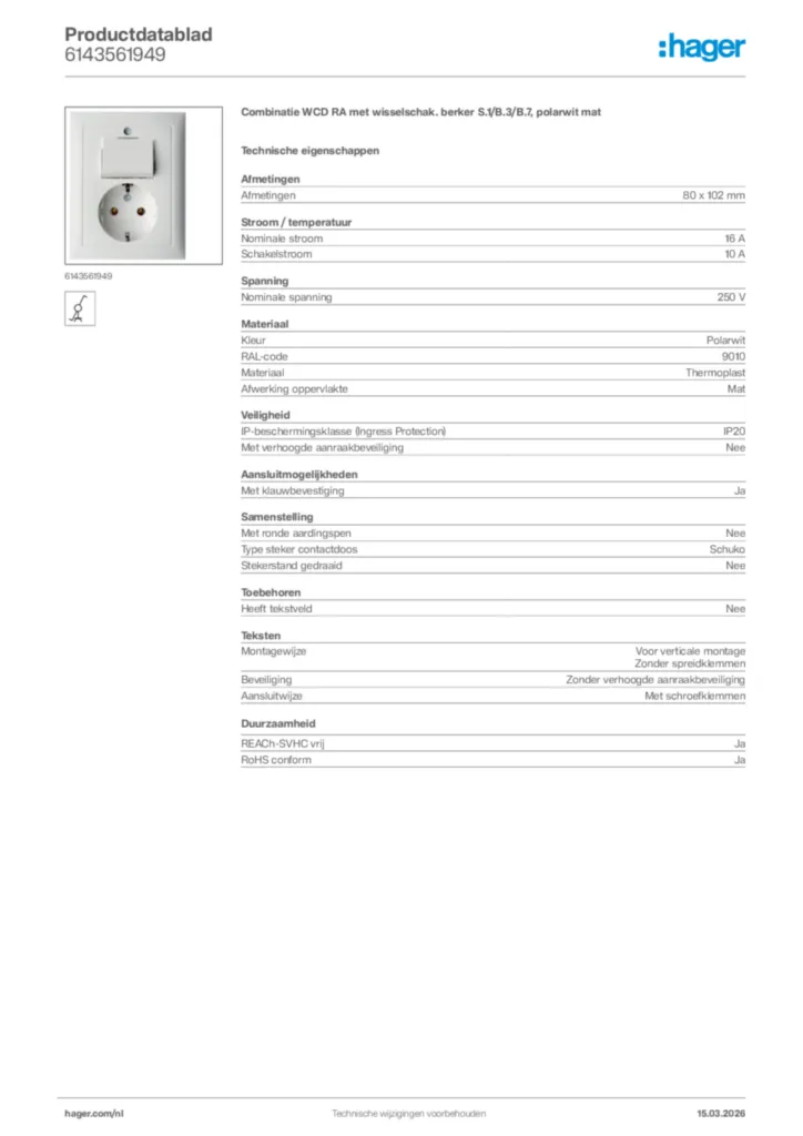 Afbeelding Hager Productdatablad 6143561949 | Hager Nederland