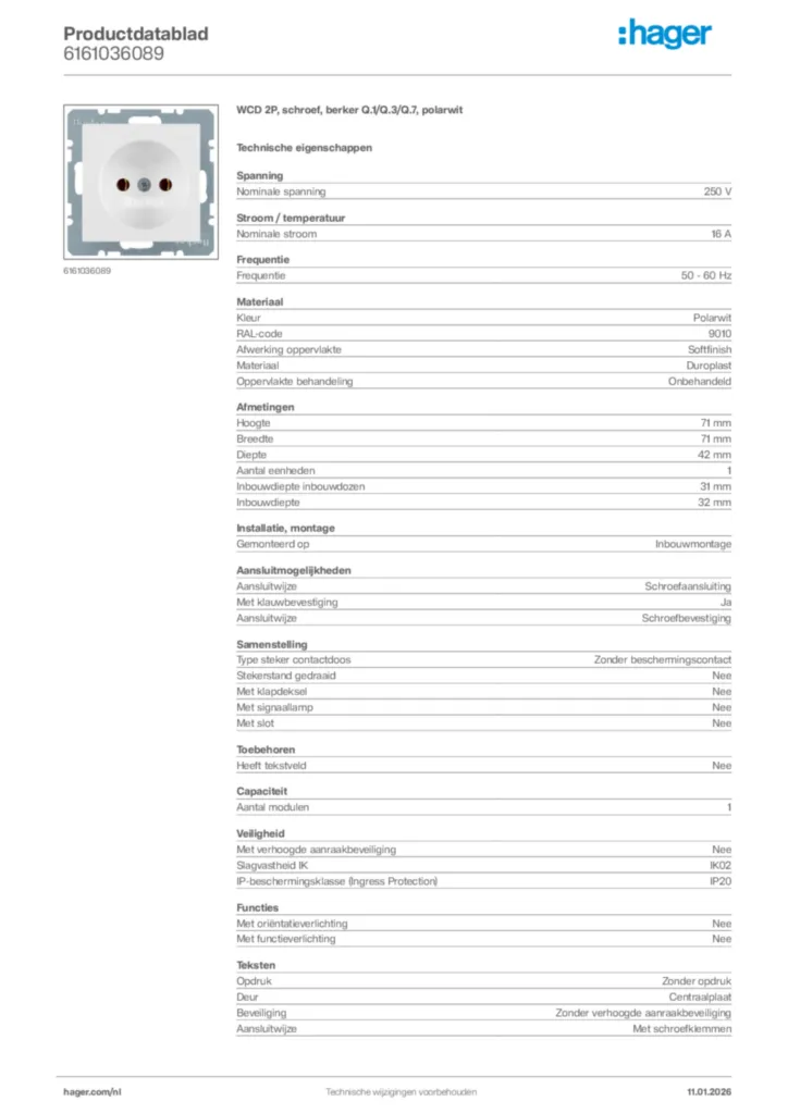 Afbeelding Hager Productdatablad 6161036089 | Hager Nederland