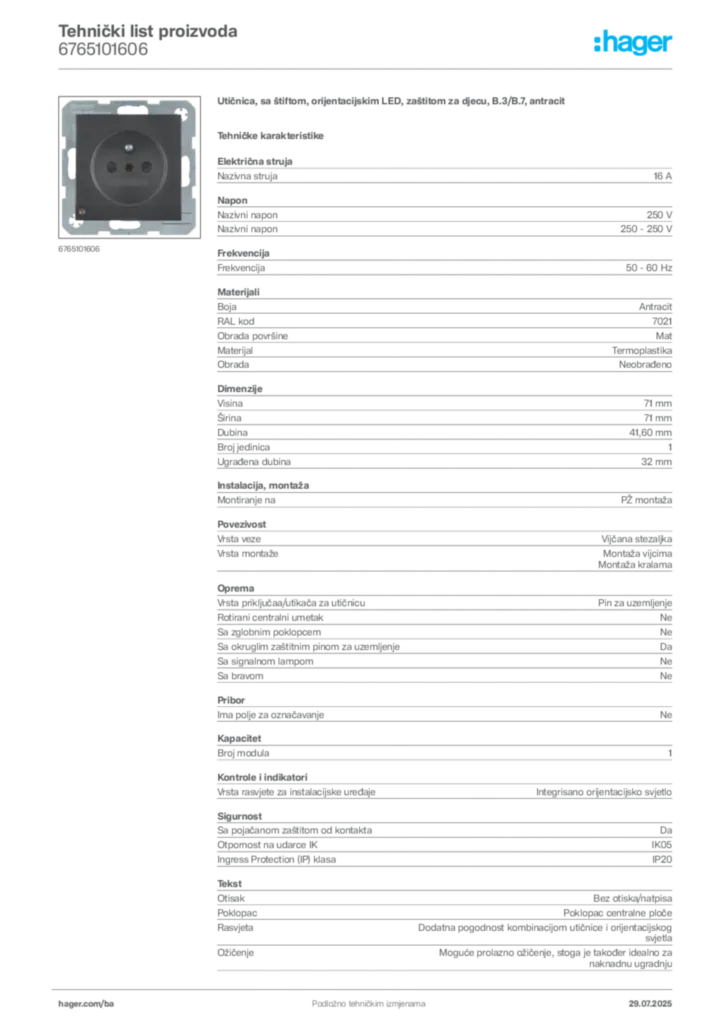 Slika Hager Product data sheet 6765101606  | Hager