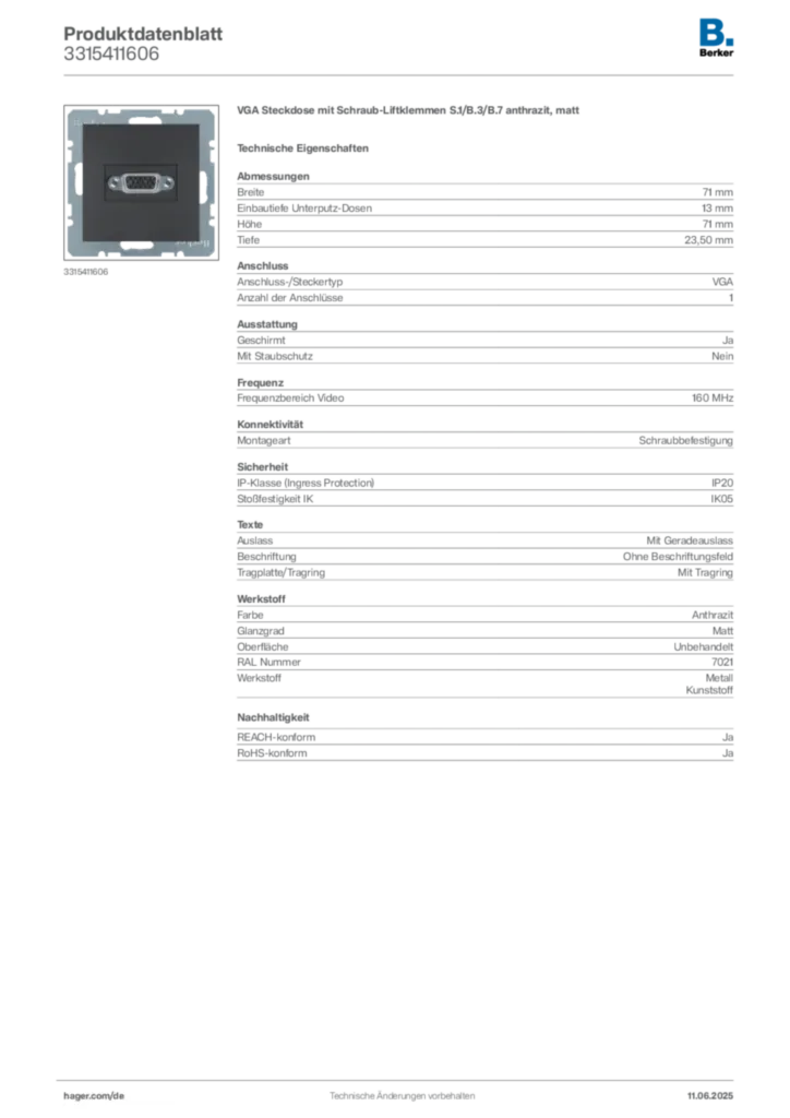 Bild Berker Produktdatenblatt 3315411606 | Hager Deutschland