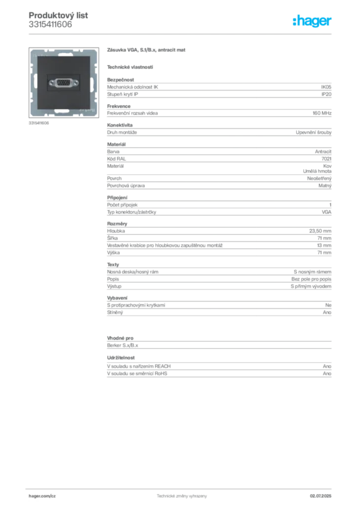 Obrázek Hager Produktový list 3315411606 | Hager