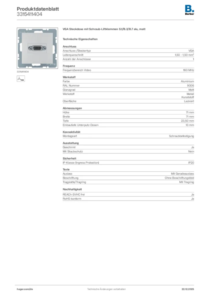 Bild Berker Produktdatenblatt 3315411404 | Hager Deutschland