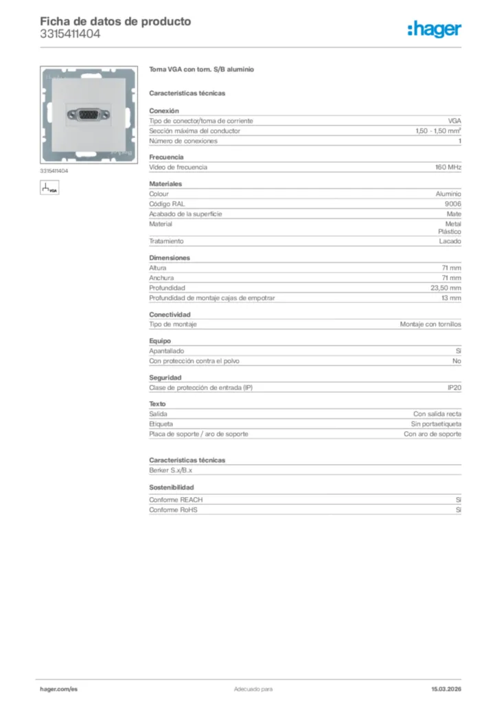 Imagen Hager Ficha de datos de producto 3315411404 | Hager España