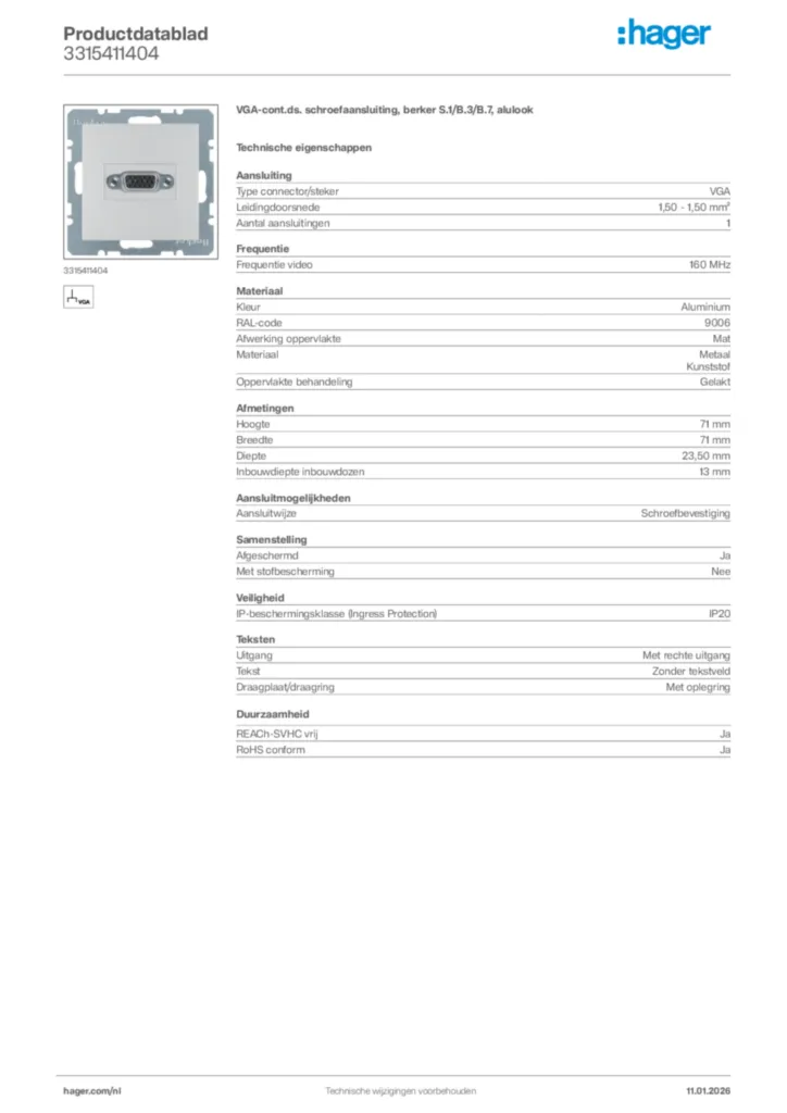 Afbeelding Hager Productdatablad 3315411404 | Hager Nederland