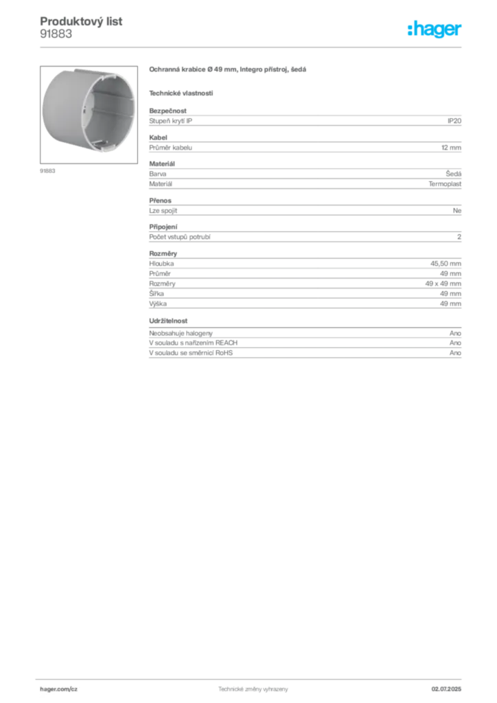 Obrázek Hager Produktový list 91883 | Hager