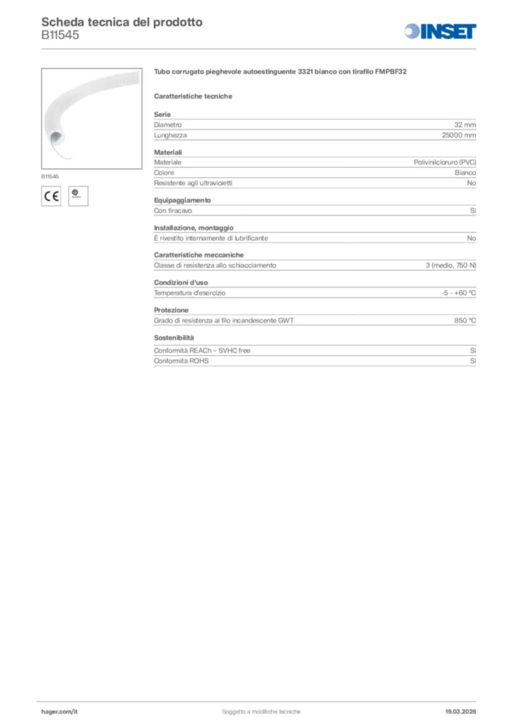 Immagine Inset Scheda tecnica del prodotto B11545 | Hager Italia