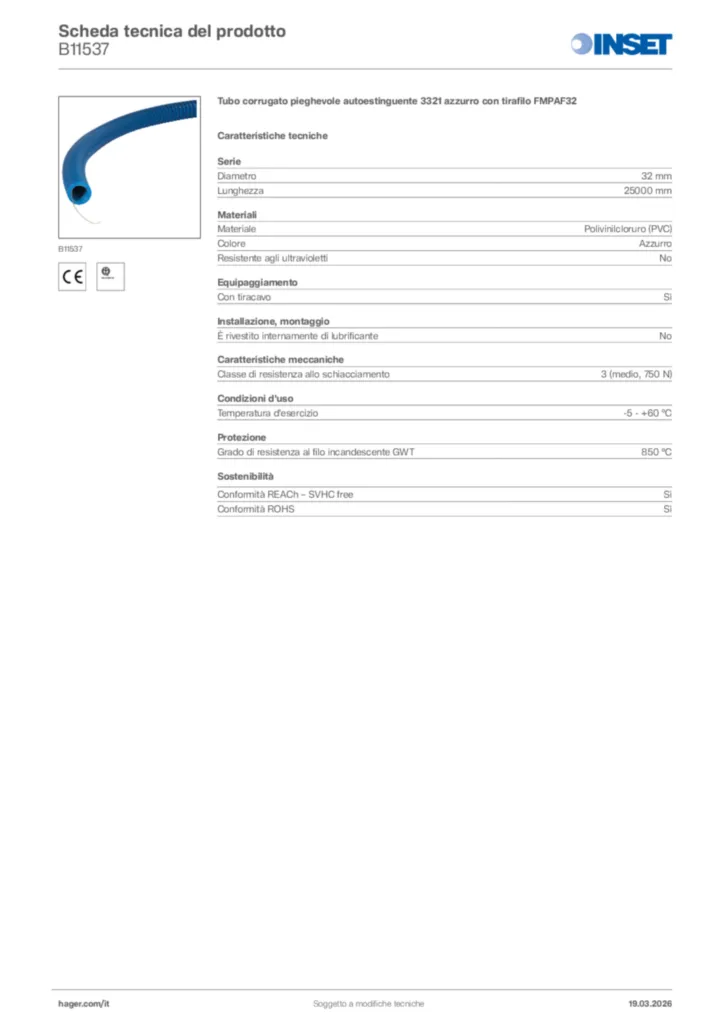 Immagine Inset Scheda tecnica del prodotto B11537 | Hager Italia