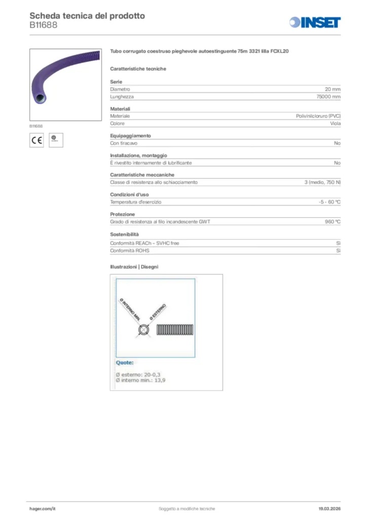 Immagine Inset Scheda tecnica del prodotto B11688 | Hager Italia