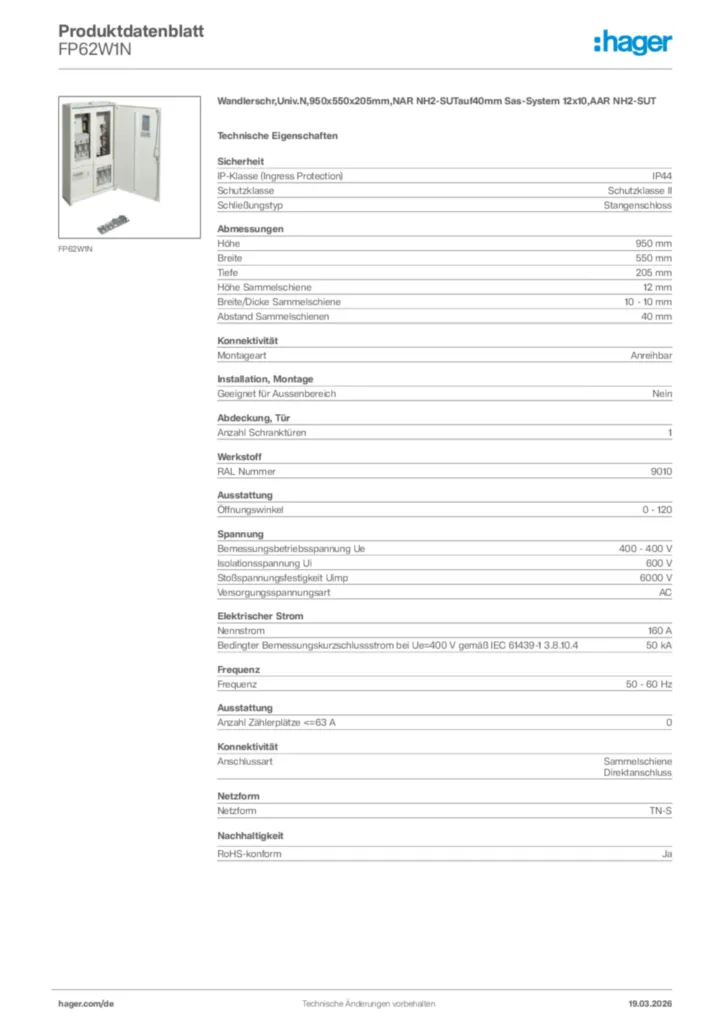 Bild Hager Produktdatenblatt FP62W1N | Hager Deutschland