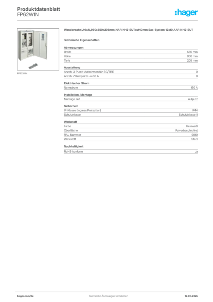 Bild Hager Produktdatenblatt FP62W1N | Hager Deutschland