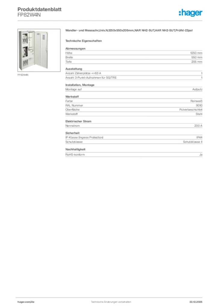 Bild Hager Produktdatenblatt FP82W4N | Hager Deutschland
