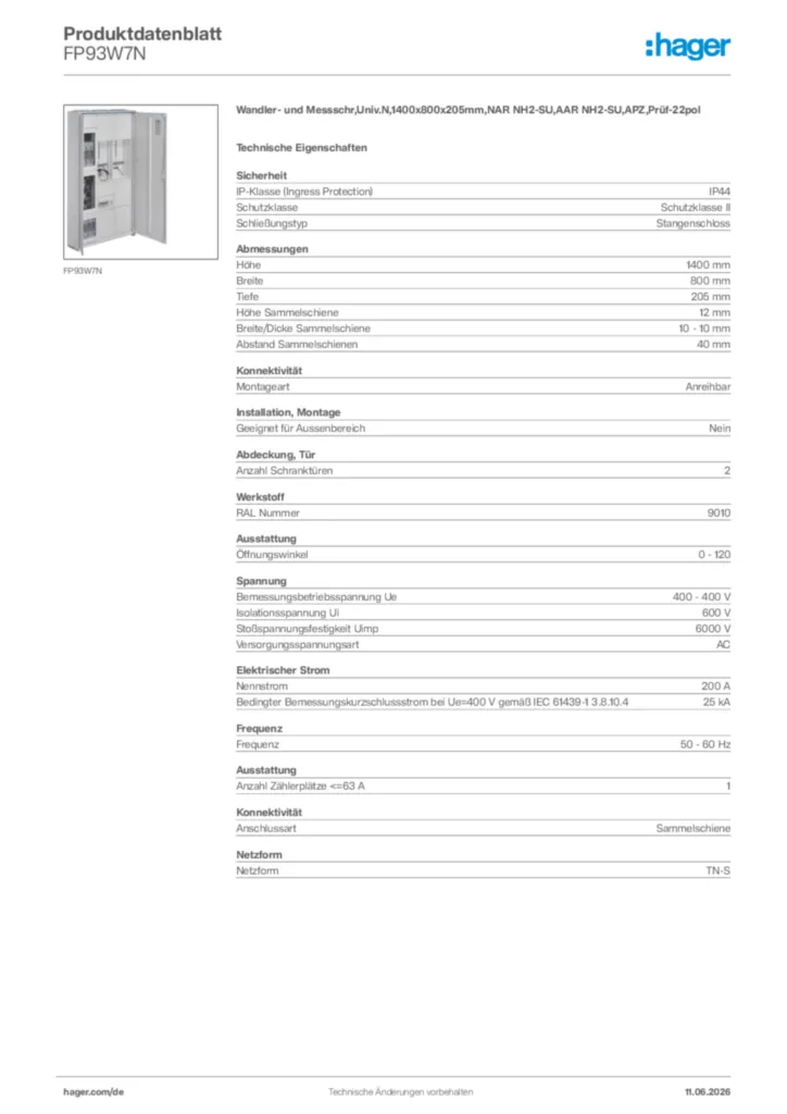 Bild Hager Produktdatenblatt FP93W7N | Hager Deutschland