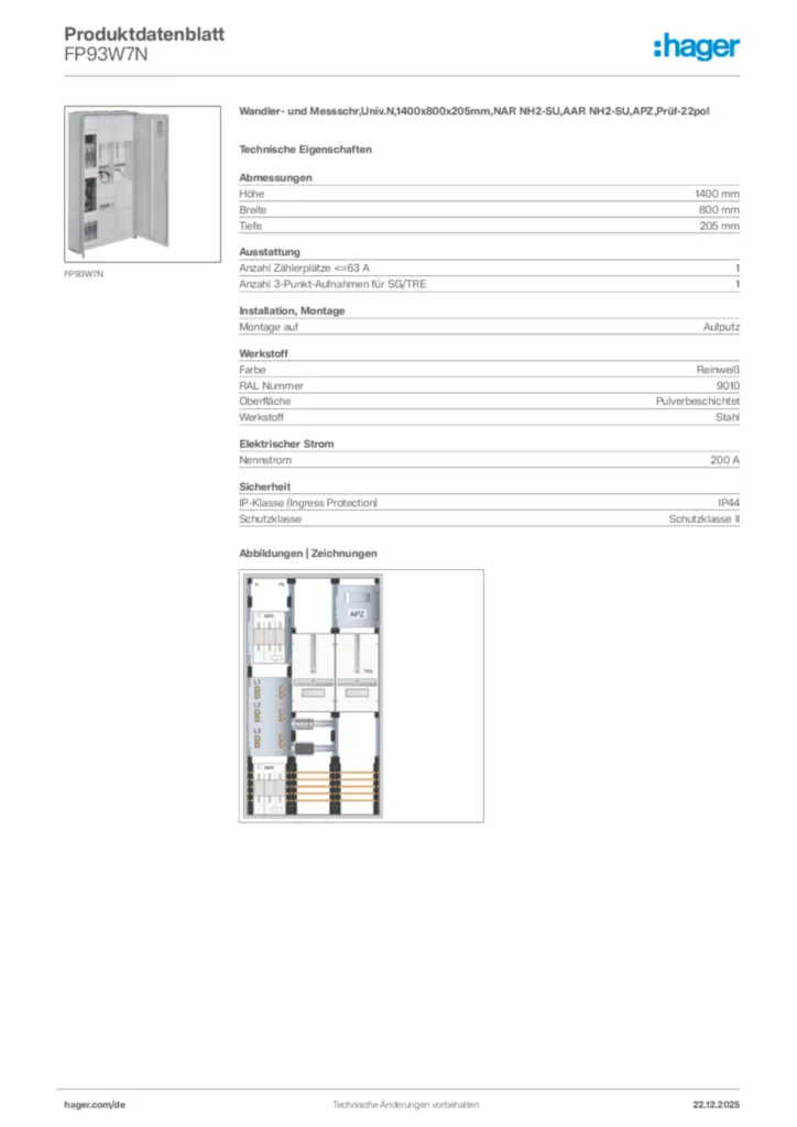 Bild Hager Produktdatenblatt FP93W7N | Hager Deutschland