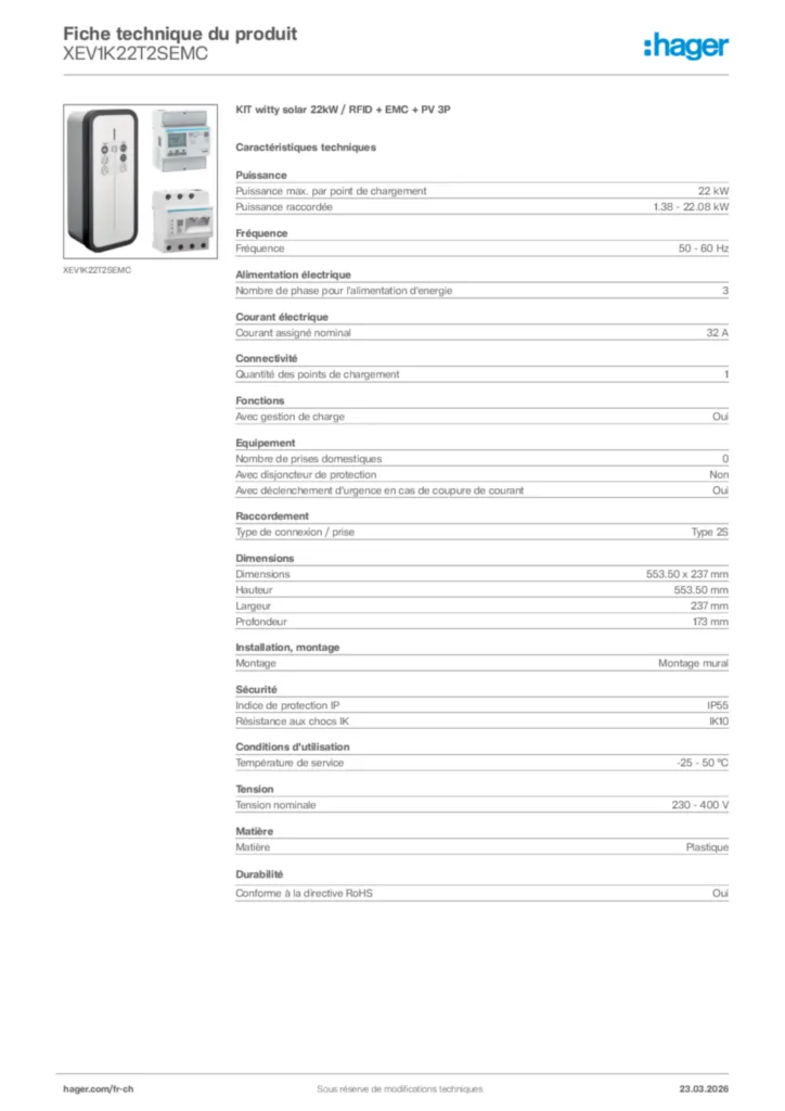 Image Hager Fiche technique du produit XEV1K22T2SEMC | Hager Suisse