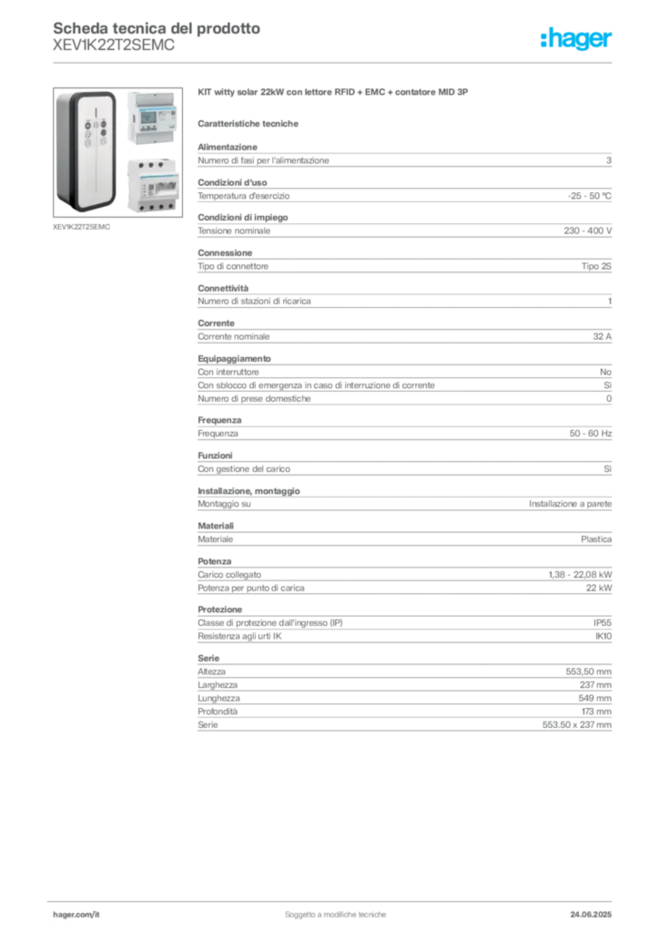 Immagine Hager Scheda tecnica del prodotto XEV1K22T2SEMC | Hager Italia