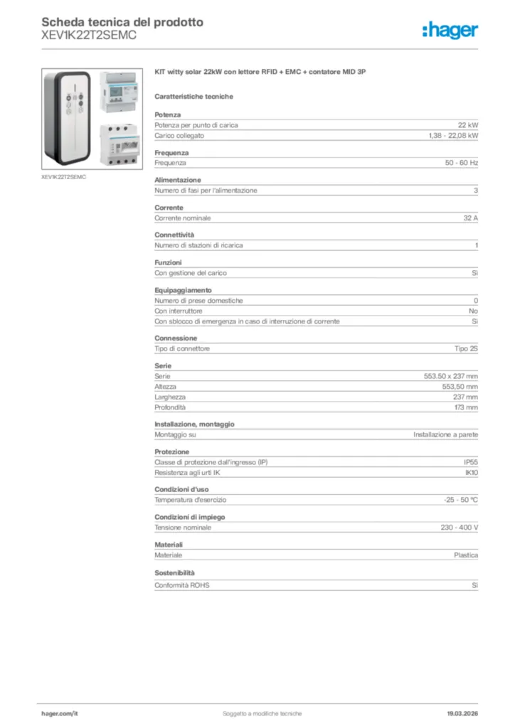 Immagine Hager Scheda tecnica del prodotto XEV1K22T2SEMC | Hager Italia