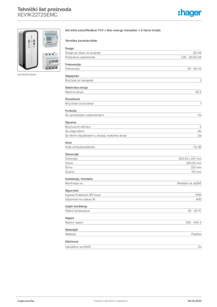 Slika Hager Tehnički list proizvoda XEV1K22T2SEMC  | Hager