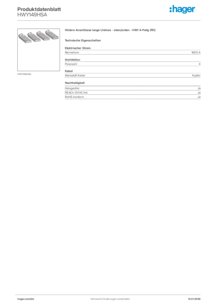 Bild Hager Produktdatenblatt HWY149HSA | Hager Deutschland