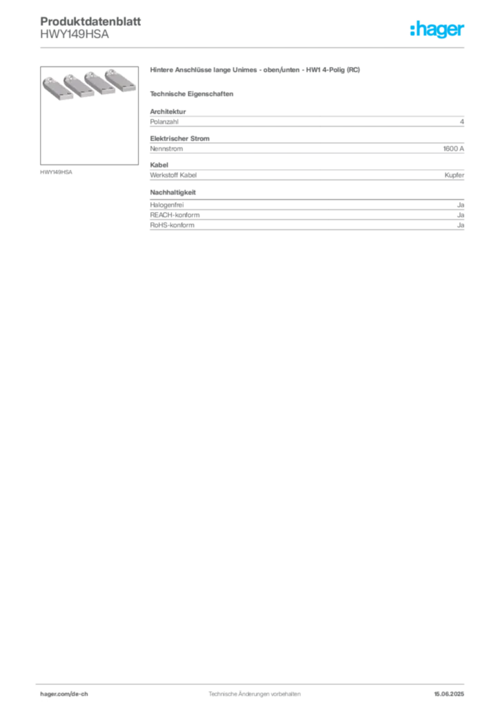 Bild Hager Produktdatenblatt HWY149HSA | Hager Schweiz