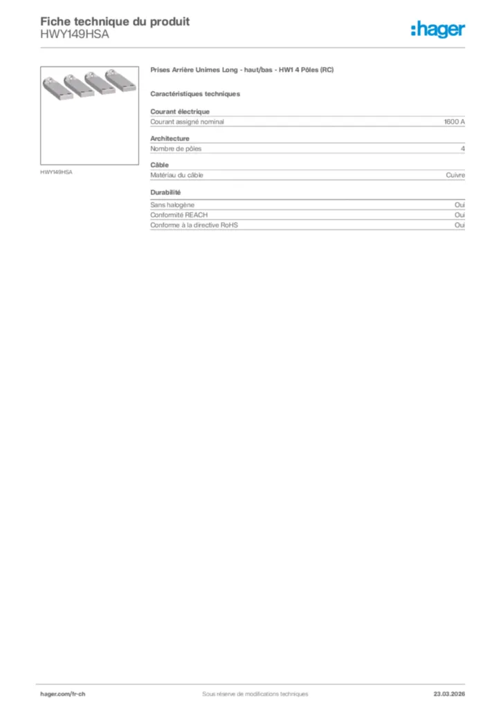 Image Hager Fiche technique du produit HWY149HSA | Hager Suisse