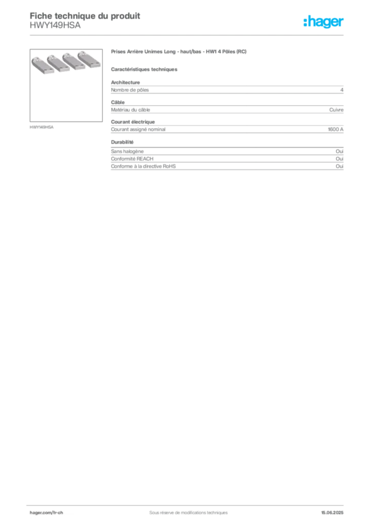 Image Hager Fiche technique du produit HWY149HSA | Hager Suisse