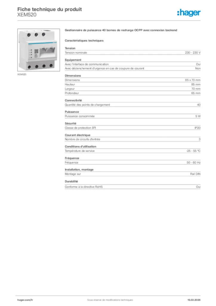 Image Hager Fiche technique du produit XEM520 | Hager France