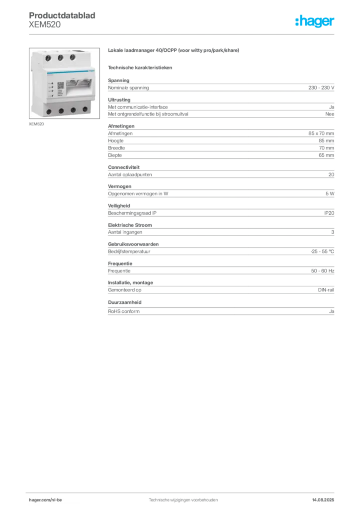 Afbeelding Hager Productdatablad XEM520 | Hager Belgium