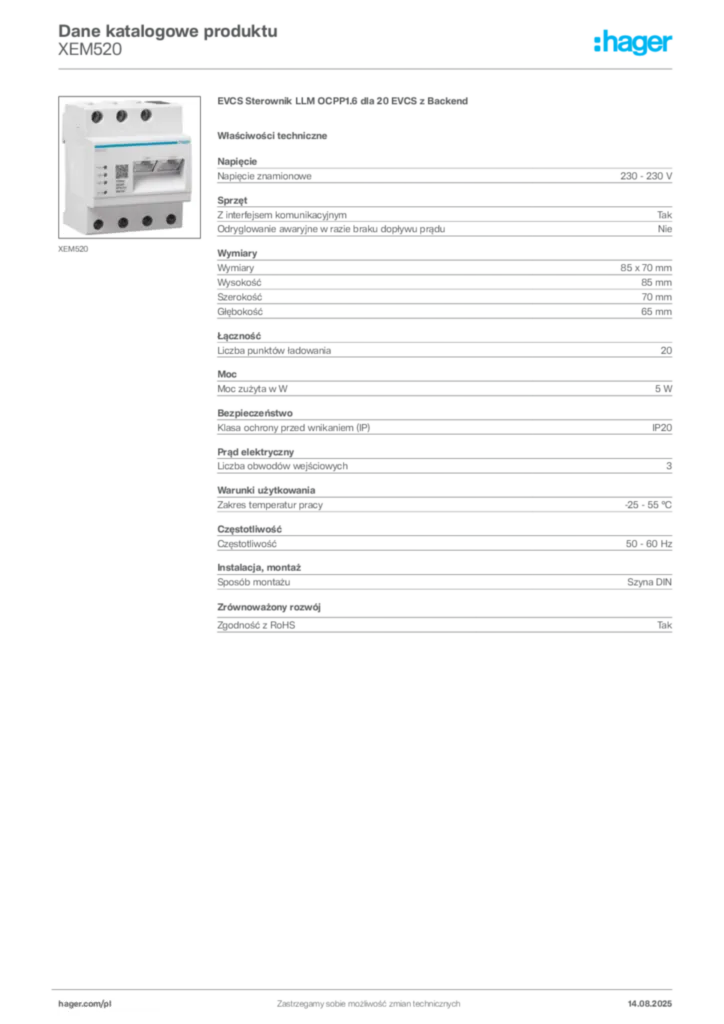 Zdjęcie Hager Dane katalogowe produktu XEM520 | Hager Polska