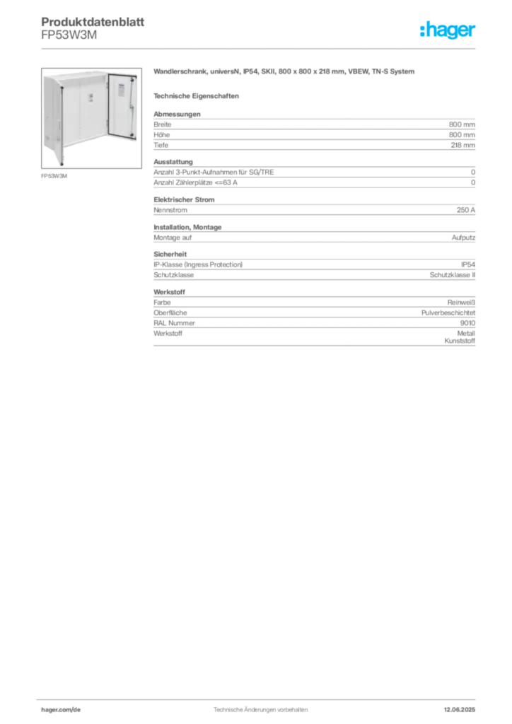 Bild Hager Produktdatenblatt FP53W3M | Hager Deutschland