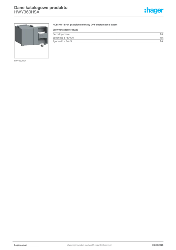 Zdjęcie Hager Dane katalogowe produktu HWY360HSA | Hager Polska