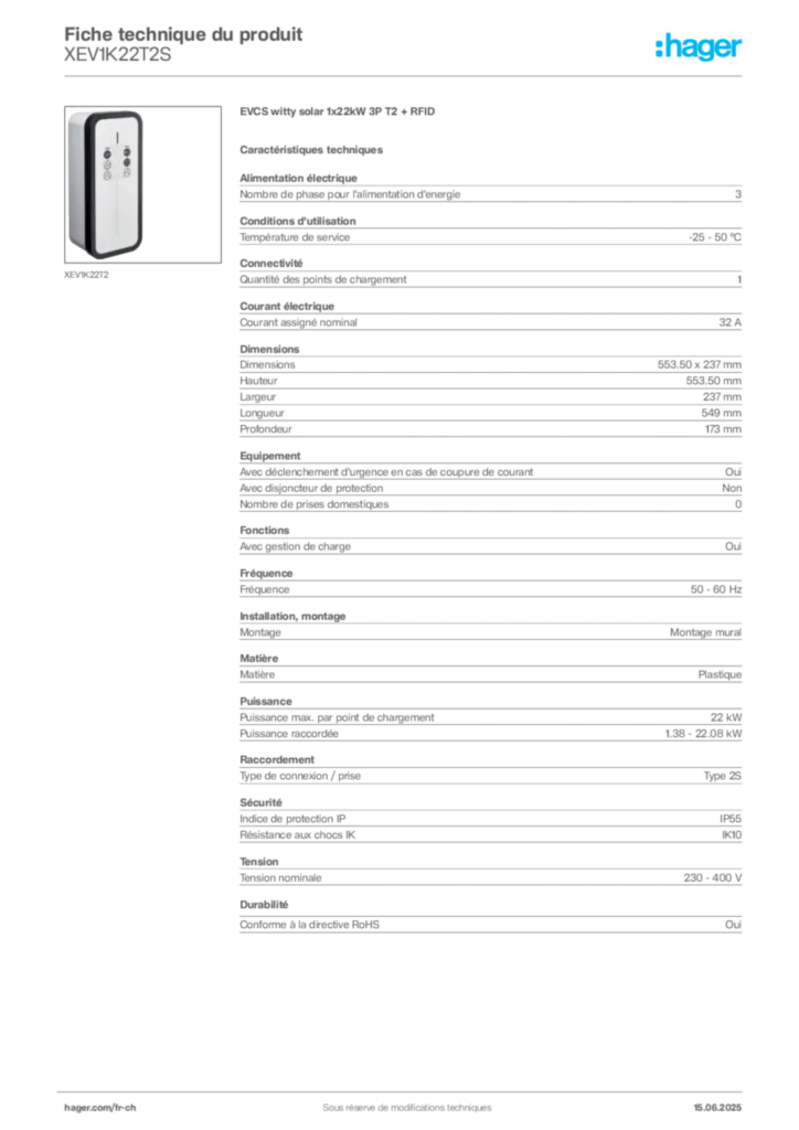 Image Hager Fiche technique du produit XEV1K22T2S | Hager Suisse