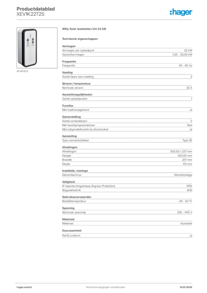 Afbeelding Hager Productdatablad XEV1K22T2S | Hager Nederland