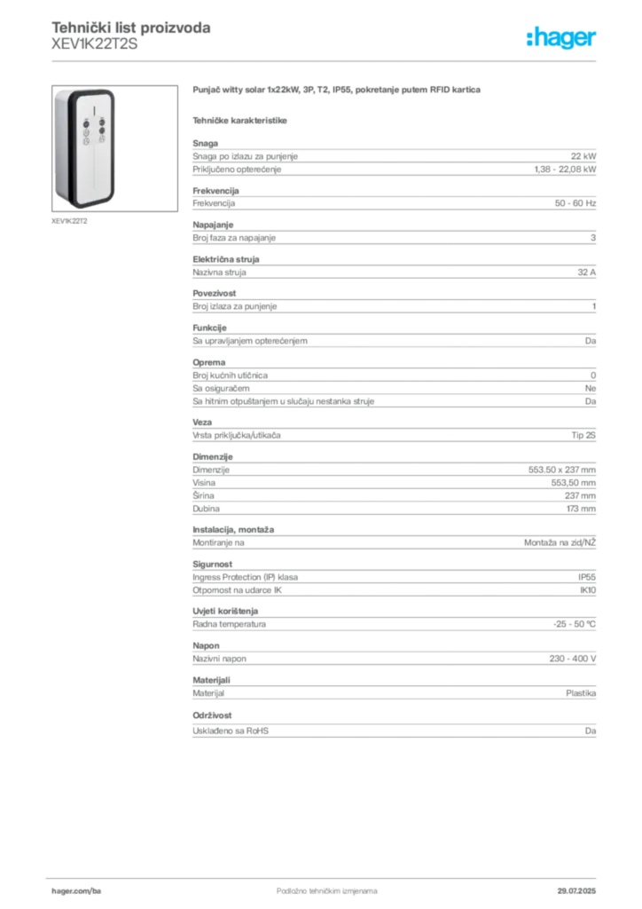 Slika Hager Product data sheet XEV1K22T2S  | Hager